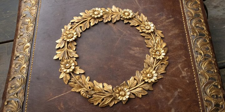 Ornate golden floral wreath on worn leather background, floral, texture, vintage, gold, leather
