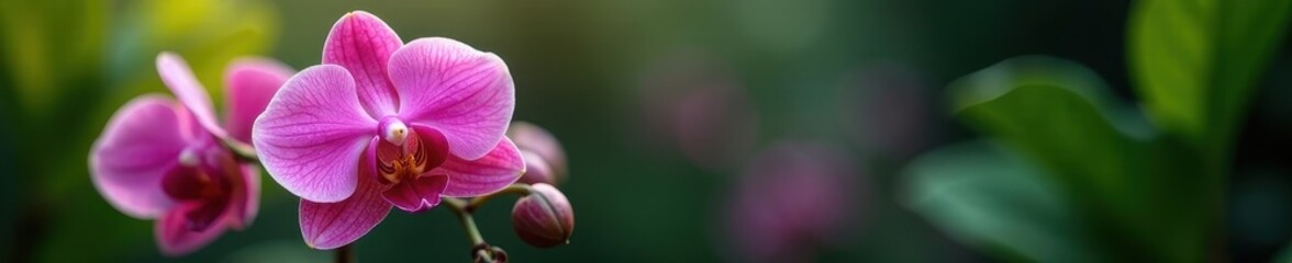 Fototapeta premium Delicate pink orchid, vibrant petals, lush green leaves, closeup, delicate