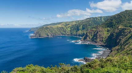 Coastal Panorama Lush Green Cliffs Dramatic Ocean View