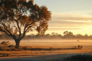 Fototapeta premium Serene Sunrise Over Misty Australian Landscape Featuring a Majestic Eucalyptus Tree and Soft Golden Light in the Early Morning
