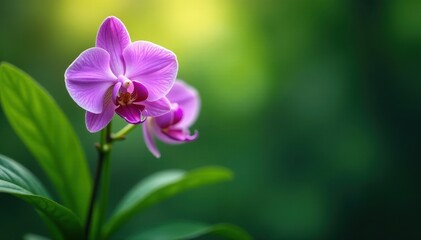 Obraz premium Delicate purple orchid blooms, lush green leaves , phalaenopsis, elegant, wildlife