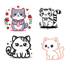 Create a cute cat vector art silhouette and color  with white background.