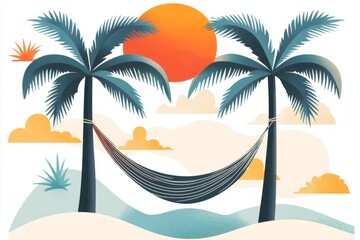 A clean and simple graphic of a hammock tied between two palm trees, with soft, muted tones and minimal details creating a relaxing vibe