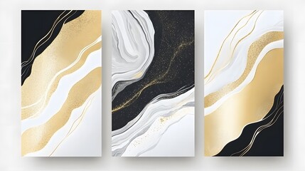 Elegant Gold Black White Marble Abstract Art Triptych
