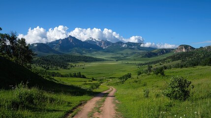 Obraz premium Mountain valley road, summer day, green meadow