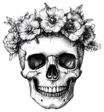 PNG Skull wear florwer crown drawing black white.