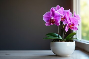Obraz premium Elegant purple orchid in white pot, vibrant blooms , nature, white background, flowers
