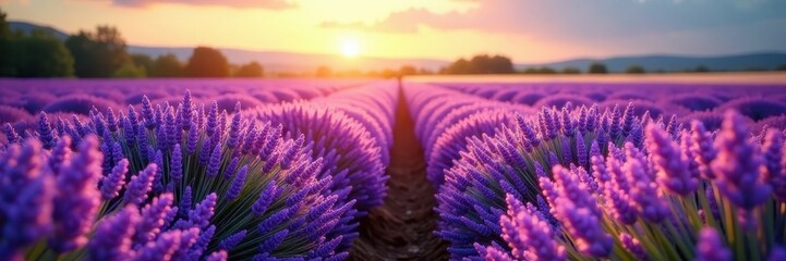 Obraz premium Endless rows of lavender, vibrant purple hues under summer sun, lilac, nature photography, calm