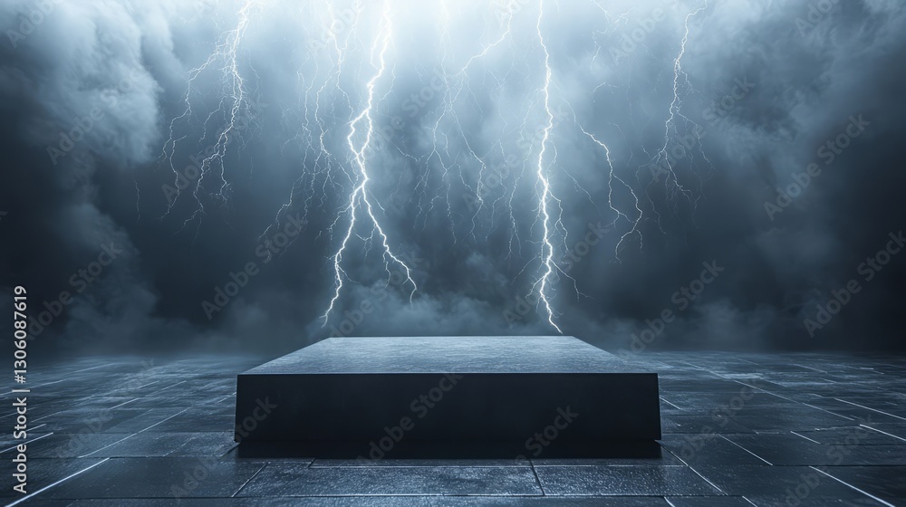 Poster empty podium with bolts of lightning striking the ground in the distance, creating a powerful, elect