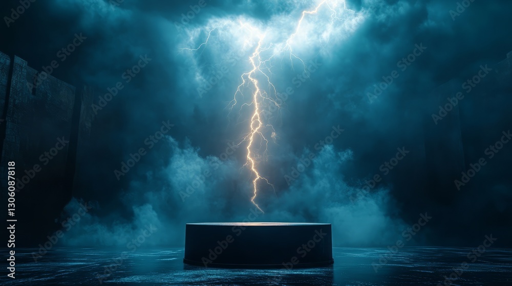 Aufkleber empty podium with dramatic lightning flashes overhead, creating a tense and electrifying atmosphere