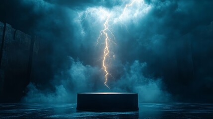 Empty podium with dramatic lightning flashes overhead, creating a tense and electrifying atmosphere