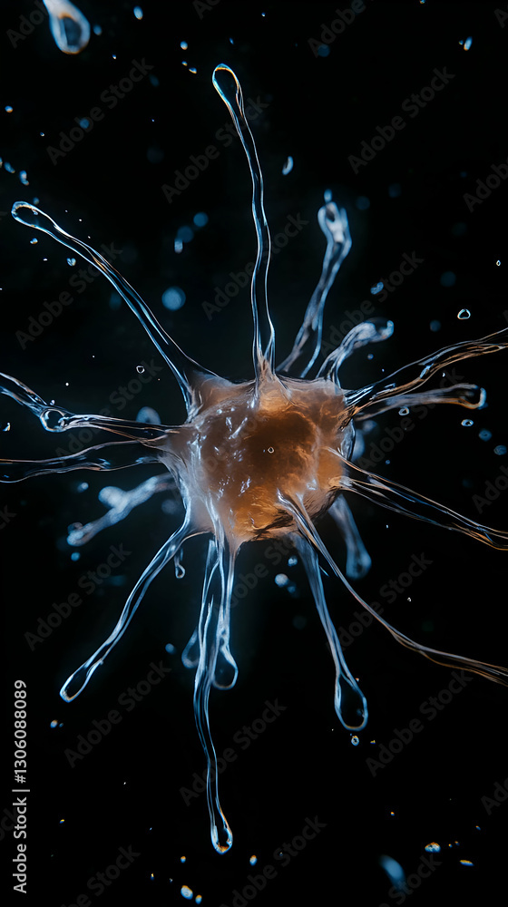 Poster abstract 3d render of a neuron cell with water splashes and blue