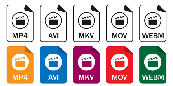 Set of video file format icons, including MP4, AVI, MOV, MKV, WEBM. Ideal for UI, video editing, streaming, file management, and tech-related content.  