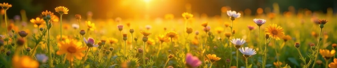Fototapeta premium Golden sunlight illuminates a carpet of wildflowers, spring, bloom
