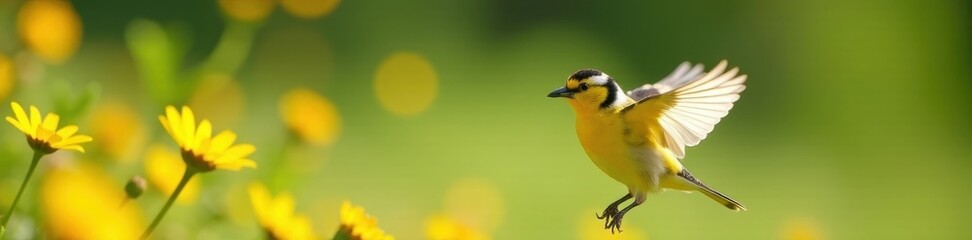 Fototapeta premium Golden-yellow titmouse in flight, wings outstretched, above field of daisies , delicate, spring