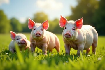 Happy potbellied pigs basking in sun-drenched pasture, sunny, vibrant