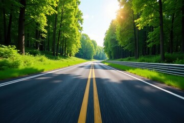 Fototapeta premium High-speed asphalt race track amidst verdant summer woodland, winding, rural