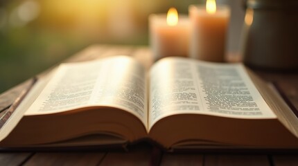 Fototapeta premium An open Bible on a wooden table with a candle nearby, soft sunlight shining on the pages, symbolizing Easter Sunday scripture