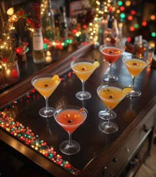 Overhead shot of a bar counter with multiple sugared rim martinis, colorful lights, and garlands, martini, sugared rim