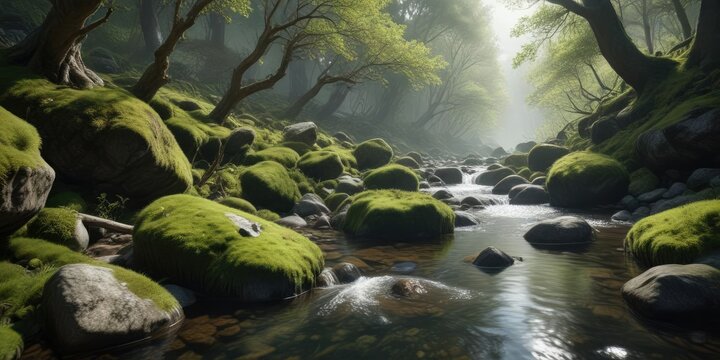 Overhanging branches and moss-covered rocks create a serene atmosphere in an alpine stream, forest, talkeetna mountains, peaceful environment