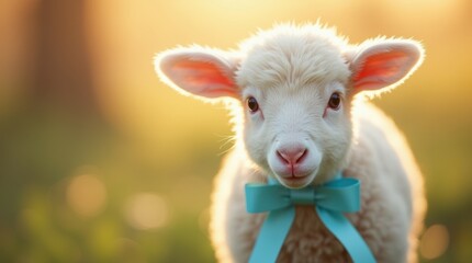 Obraz premium Close-up of a fluffy white lamb with a sky-blue ribbon tied around its neck
