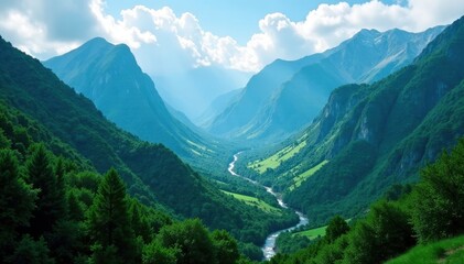 Obraz premium Misty mountain peaks, lush green valleys, cascading waterfalls, natural, lush, majestic