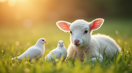 Fototapeta premium Close-up of a gentle white lamb resting on fresh grass, two doves beside it