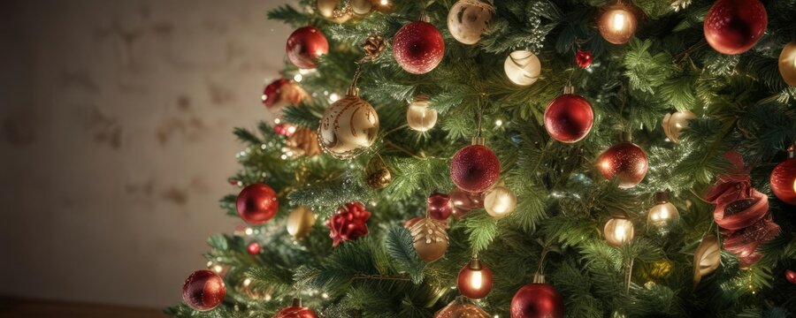 overhead shot of a beautifully decorated Christmas tree with sparkling lights and ornaments , wintry ambiance, towering tree