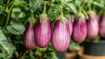 Obraz premium Purple eggplants ripening on plant, greenhouse
