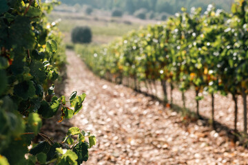 On the Camino de Santiago through the autumn vineyards around Cacabelos, Bierzo region, Autonomous Community of Castilla y León, Spain