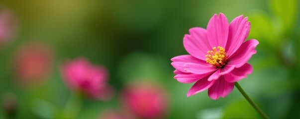 Obraz premium Single pink flower, bokeh effect, lush garden setting, petals, pretty