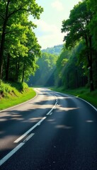 Fototapeta premium Summer asphalt race track curves through lush green forest, path, fast