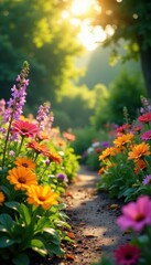 Obraz premium Sun-drenched garden overflowing with colorful summer flowers, botany, blooming, flowers