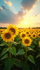 Fototapeta premium Sunflowers in vast field, golden heads east, dawn light , sunlight, idyllic, energy
