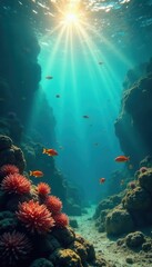 Fototapeta premium Sunlit shallows, vibrant fish school creating texture, tropical, texture, shallow