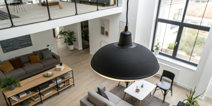 Overhead view of a black pendant light in a modern room, clean lines, sleek design, minimalist style, white walls, neutral decor