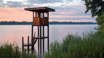Modern Wooden Observation Tower on Serene Lake at Sunset © nabila