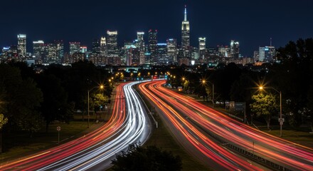 Obraz premium Vibrant city highway red and white light trails
