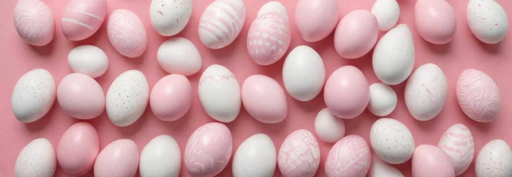 Overhead view of pink and white Easter eggs in various patterns displayed in a stylish arrangement on a soft pink background, holiday, pastel, celebration