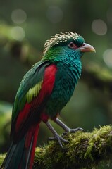 Naklejka premium Exotic Red-Crested Turaco Perched on Mossy Branch in Lush Jungle