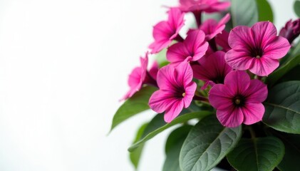 Vibrant African Violets, lush blooms, white backdrop, close-up, detail