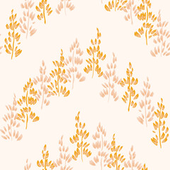 Hand drawn flower trees arranged in a chevron pattern forming hills in a color palette of yellow and pink on a cream background. Seamless vector pattern. Great for home decor, fabric, wallpaper, gifts