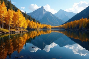 Fototapeta premium Vibrant aspen trees reflected in calm Fish Lake , water, trees, november