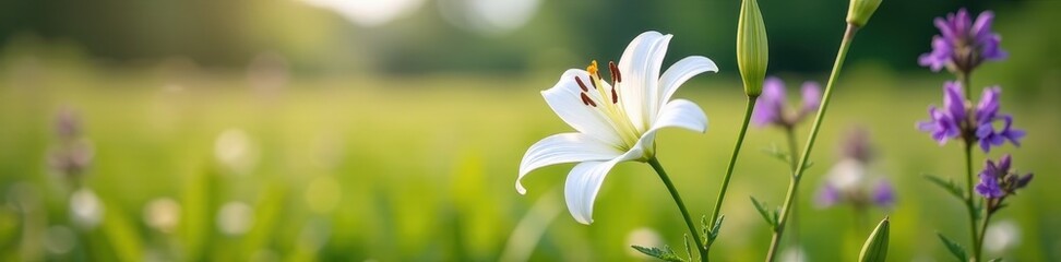 White lily, cross, purple wildflowers, serene field, spiritual, lily, image