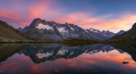 Golden sunrise over mountain lake reflections