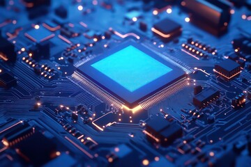 Obraz premium A highly detailed 3D render of an AI-powered microchip glowing in blue, embedded in an advanced circuit board.