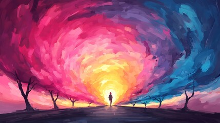 Solitary figure in vibrant swirling landscape sunset scene digital art abstract environment inspirational viewpoint