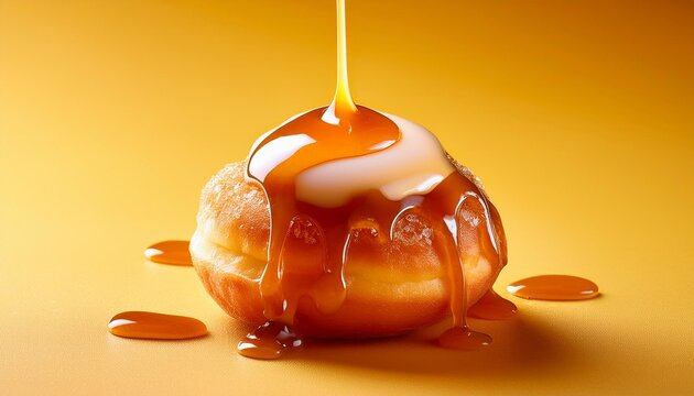 Mini Maple Syrup Donut with Glaze Toping on Golden Yellow Background Isolated