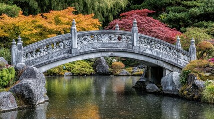 Serene Stone Bridge Over Tranquil Pond Surrounded by Autumn Foliage