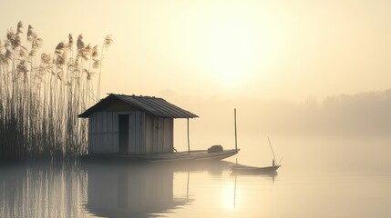 Fototapeta premium Serene Sunrise Over A Misty Lake With A Tranquil Cottage